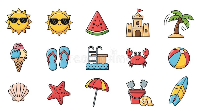 A vibrant and playful collection of hand-drawn cartoon icons representing various summer and beach elements. This set includes cheerful suns wearing sunglasses, a slice of watermelon, a sandcastle, a palm tree, ice cream, flip-flops, a swimming pool with ladder, a cute crab, a beach ball, a seashell, a starfish, a beach umbrella, a sand bucket with shovels, and a surfboard. Perfect for designs related to holidays, vacations, summer activities, children's themes, and tropical concepts. Tropical animal icons vectors