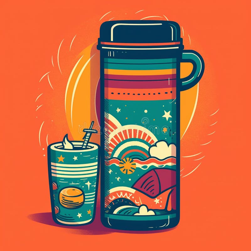 https://thumbs.dreamstime.com/b/vibrant-playful-graphic-design-featuring-colorful-ceramic-cup-thermos-placed-beach-towel-blanket-sun-shining-277080232.jpg
