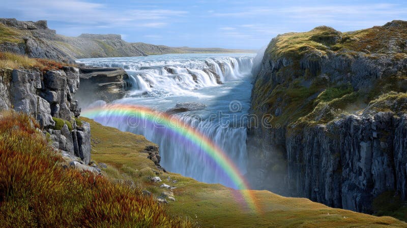 Rainbow Over Powerful Waterfall in Rocky Landscape royalty free illustration