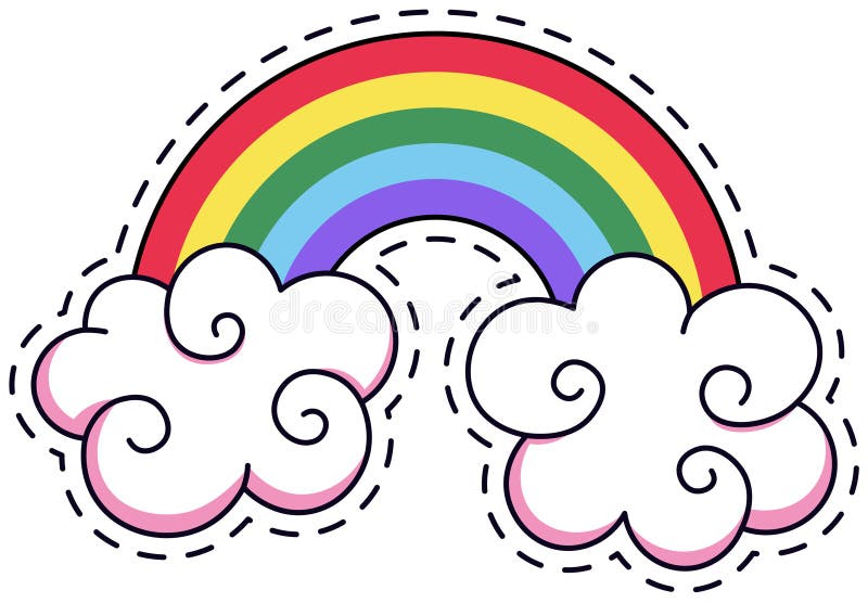 Vibrant rainbow arches over two fluffy, swirling clouds. The colorful design is outlined with dashed lines, giving it a stock illustration