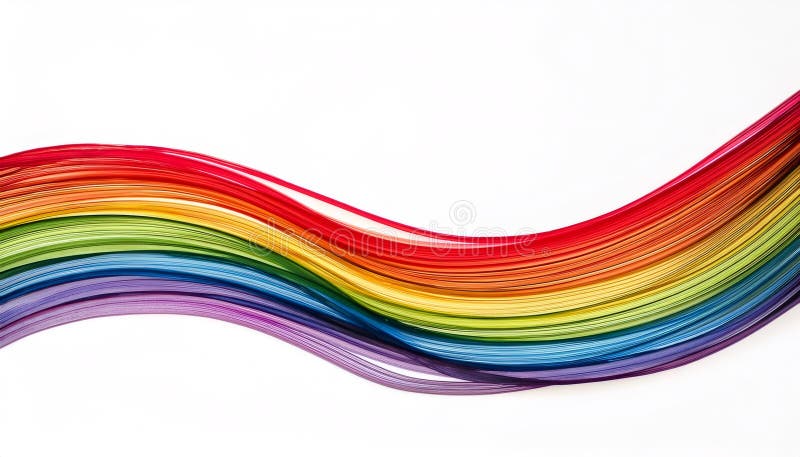 Vibrant rainbow wave curving with overlapping lines, hand drawn texture and rough edges against minimalist white stock photos