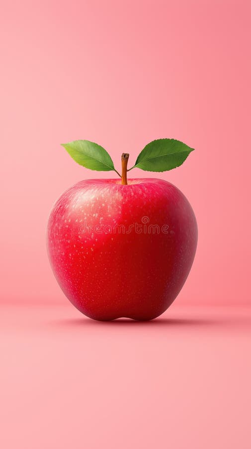 Fresh red apple placed on pink background with green leaves vector illustration