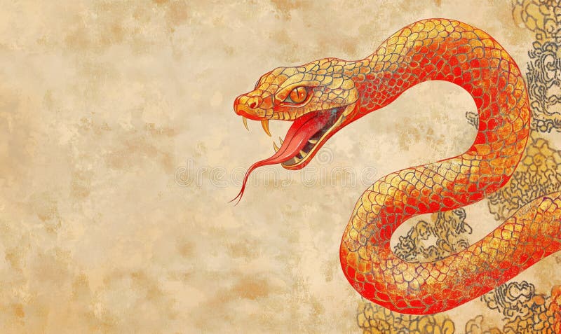Vibrant red snake illustration, detailed scales, fierce expression, intricate background patterns, warm color palette royalty free stock photos