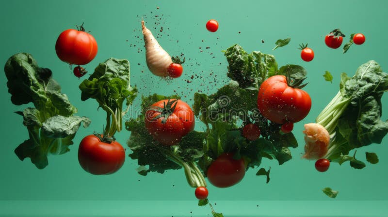 Vibrant Red Tomates och Leafy Green i motionsförslag mot bakgrunden av skalet stock illustrationer
