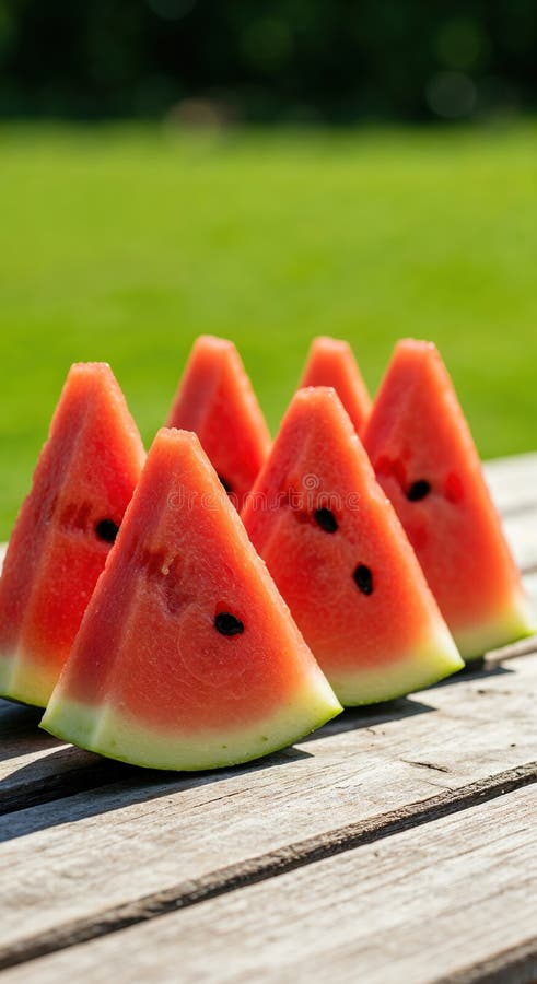 Vibrant red triangular watermelon slices with prominent black seeds are carefully placed on a rustic wooden table outdoors in bright sunlight, symbolizing summer refreshment. Triangular cut watermelon stock images, royalty-free photos and pictures