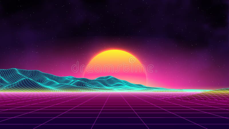 Retro futuristic digital landscape with neon grid and glowing sunset in cyberpunk style stock photography