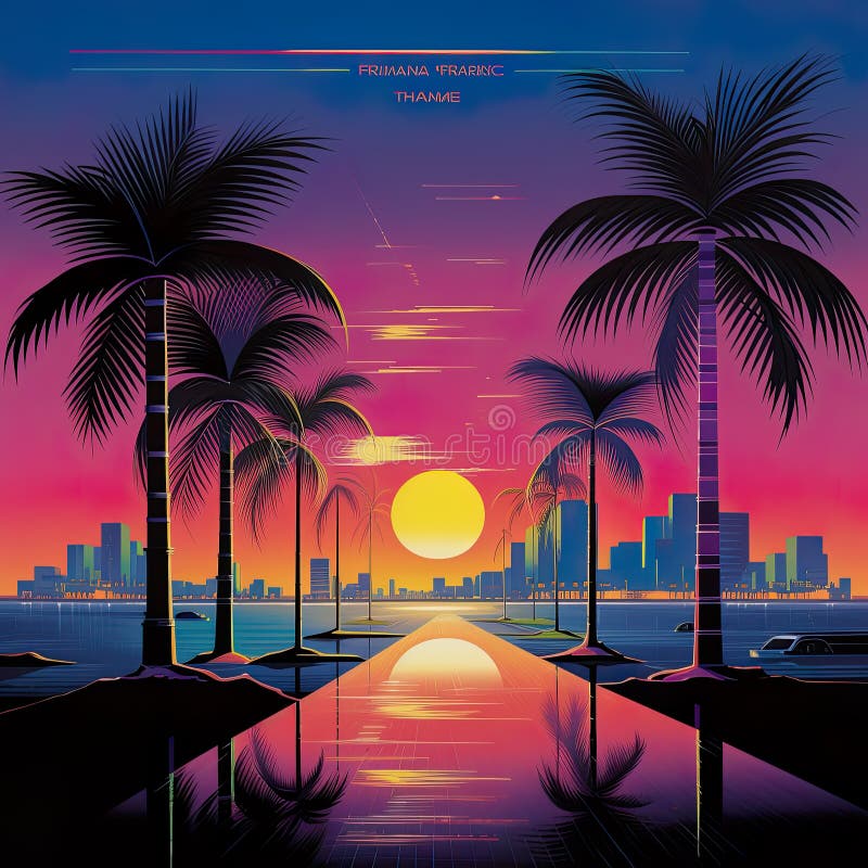 Vibrant retro 80\ s neon background essence of a bygone era, complete with palm trees and a mesmerizing sunset.