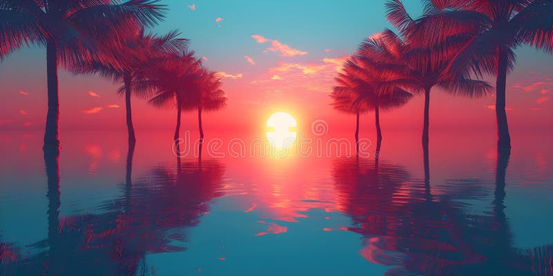 Vibrant retro scene at a tropical sunset with silhouetted palm trees. Concept Tropical Sunset vector illustration