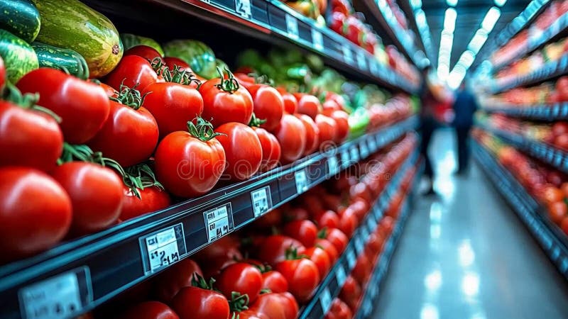 Vibrant roșii proaspete pe rafturile supermarket-ului Afișarea produselor colorate în culoarul alimentar stock illustration