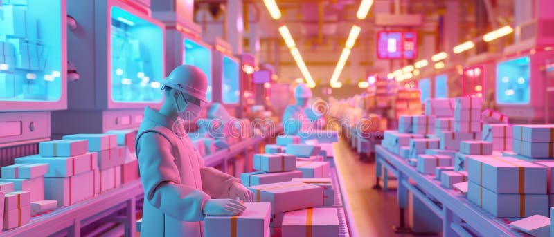 Workers in Modern Distribution Center with Colorful Lighting vector illustration