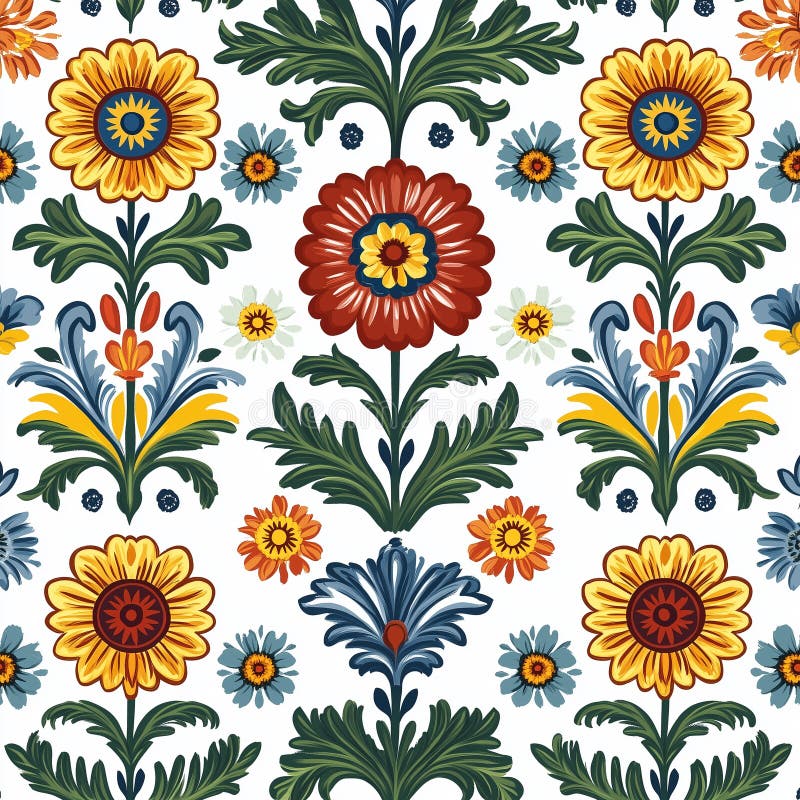 Vibrant Seamless Folk Art Floral Pattern Inspired by Hungarian Design Featuring vector illustration