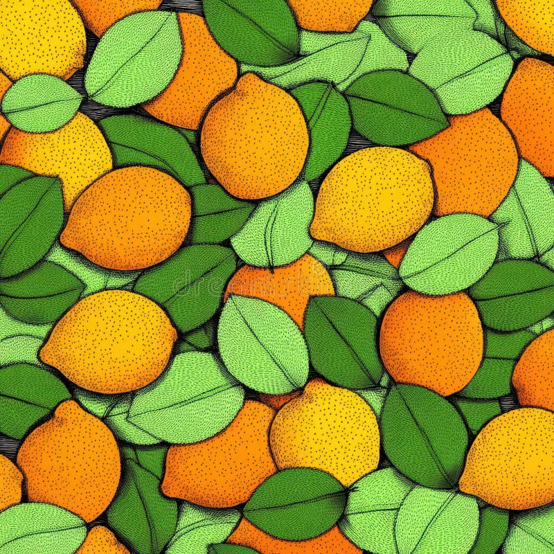 A lively and rich seamless pattern featuring bright yellow lemons and orange citrus fruits with green leaves, arranged in a dense composition. Seamless pattern bright oranges stock images, royalty-free photos and pictures