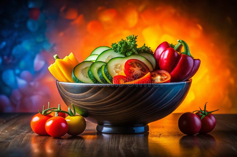 Vibrant Silhouette med en färgfull vegetativ Bowl som inspirerar till hälsosamma matvanor och klarartade kulturskapelser vektor illustrationer