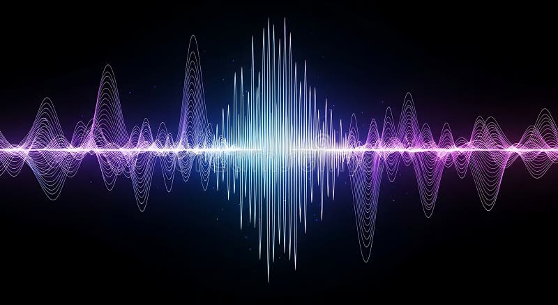 Vibrant sound wave visualization in blue and purple neon glow against a dark backdrop vector illustration