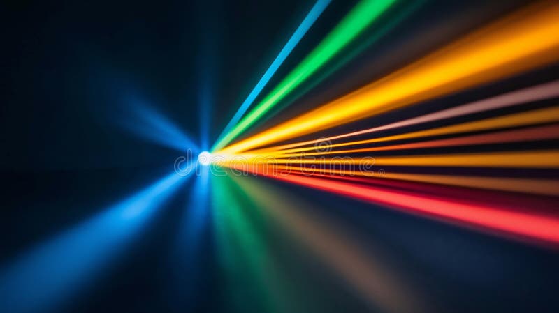 Vibrant spectrum of light rays against dark background stock photo