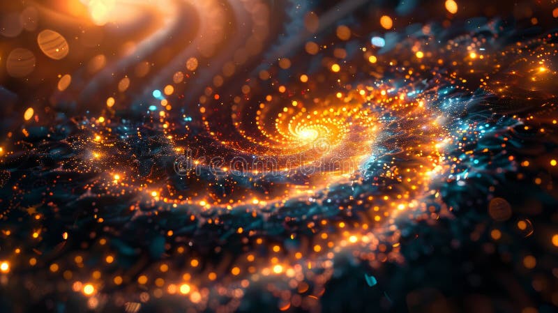 Vibrant Spiral Galaxy In Fiery Orange And Blue Hues. Luminous Light Trails And Glittering Particles stock photos