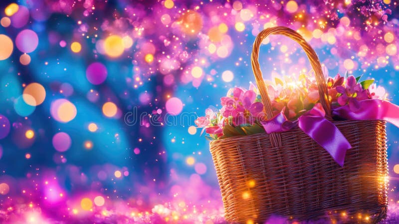 Vibrant spring basket of flowers with glowing bokeh lights in a magical garden royalty free stock photos