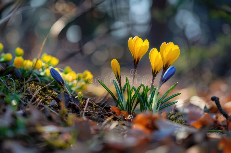 Vibrant Spring Bloom: Colorful Crocuses and Bluebells in Dew stock photography