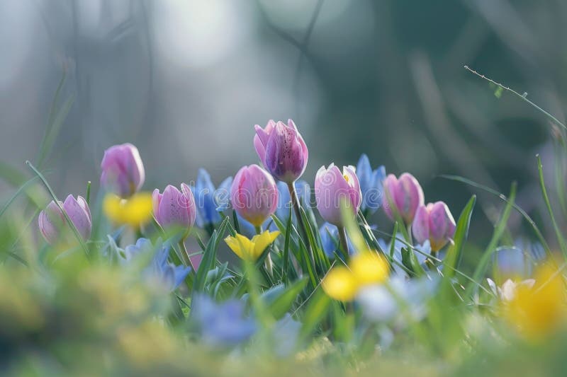 Vibrant Spring Bloom: Colorful Crocuses and Bluebells in Dew royalty free stock photo