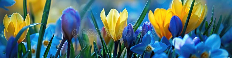 Vibrant Spring Bloom: Colorful Crocuses and Bluebells in Dew stock photo