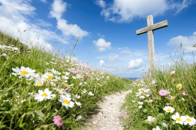Vibrant spring meadow with wildflowers and rustic wooden cross under blue sky royalty free stock photo