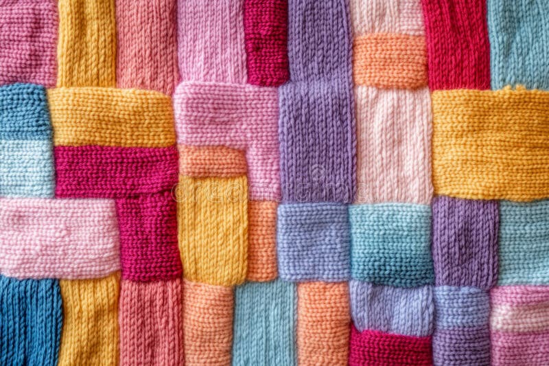 Vibrant squares of knitted fabric creating a cozy and colorful patchwork blanket stock image