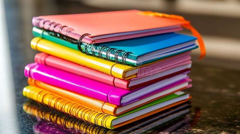 A vibrant stack of colorful spiral notebooks resting on reflective dark surface in close up view sits and ready for notes ideas illustrazione vettoriale