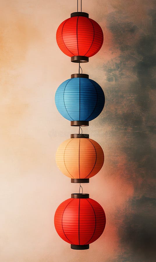 Vibrant stacked lanterns casting warm ambient light against textured backdrop stock illustration