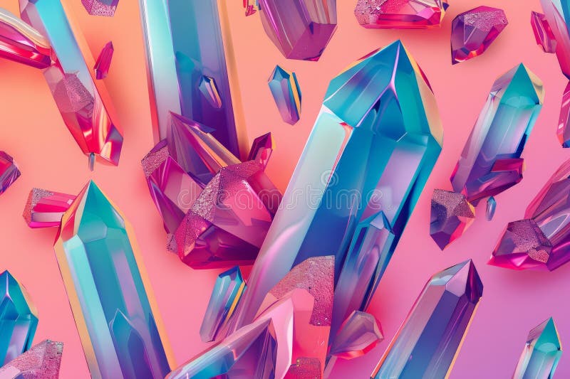 Redarea vibrantă 3d a formelor de cristal spumant pe un fond pastel roz și albastru gradient stock illustration
