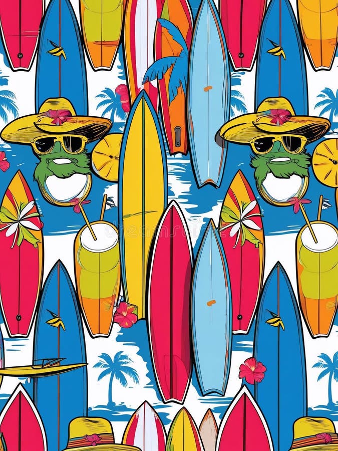 Vibrant Summer Surfboard Pattern with Tropical Frogs and Beach Accessories stock illustration