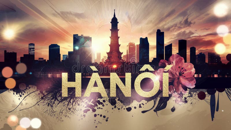 Vibrant sunset cityscape of hanoi : blanda traditionella och moderna element stock illustrationer