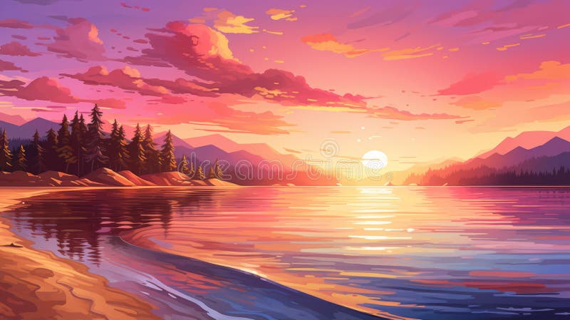 Vibrant Sunset Illustration: Freshwater Lake And Sandy Beach At Dusk vector illustration