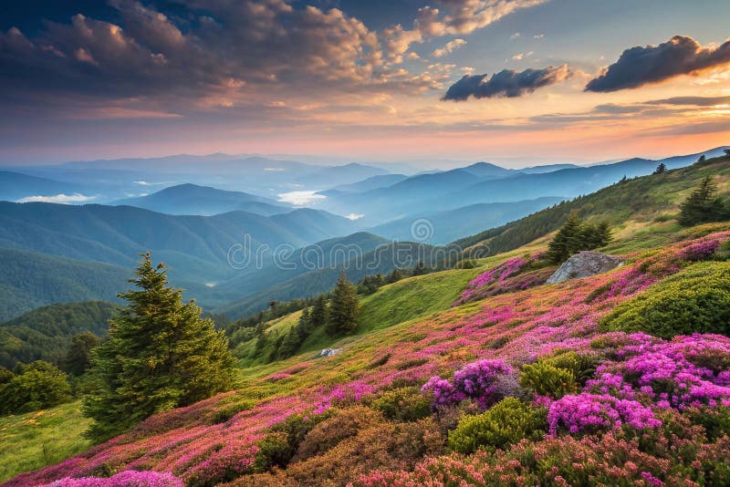 Vibrant sunset over blooming mountain range royalty free illustration