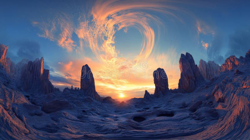 Vibrant Sunset Over a Dramatic Desert Rock Landscape stock illustration
