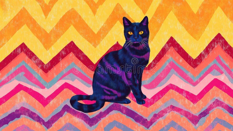 Vibrant svart kattillustration mot färgfull zigzag-bakgrund fotografering för bildbyråer