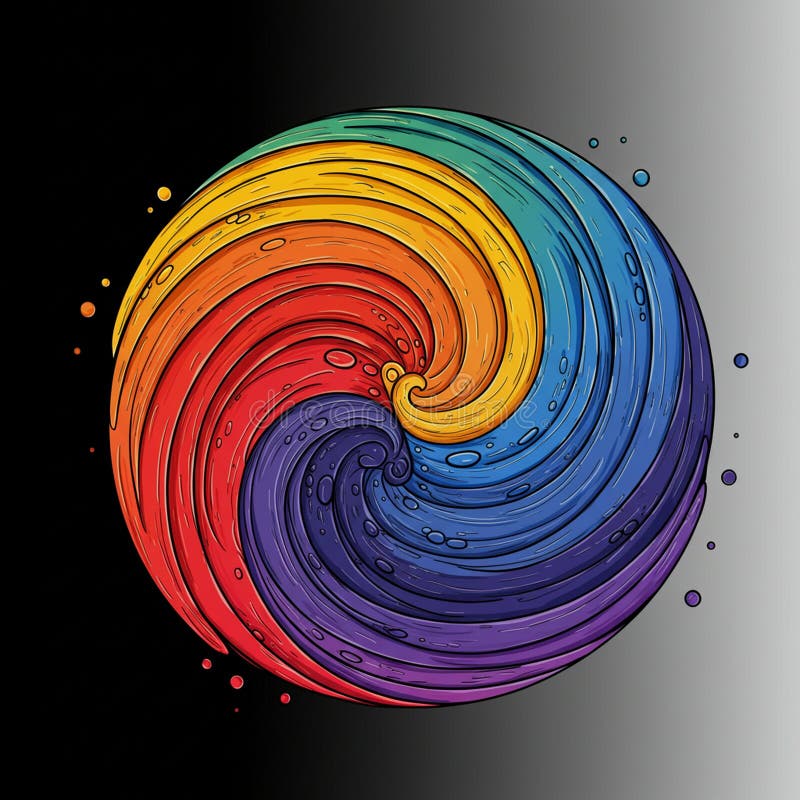 A vibrant, swirling circular design merges vivid colors in a spectrum from red to stock illustration