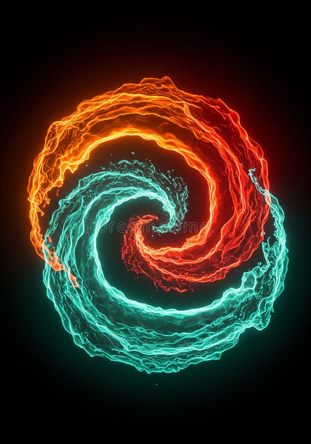 A vibrant, swirling pattern featuring intertwining red and blue waves against a black vector illustration