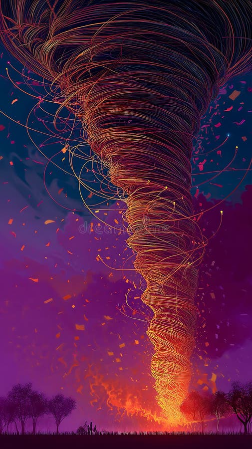 A vibrant, swirling tornado dominates the scene, with dynamic, curving lines in royalty free illustration