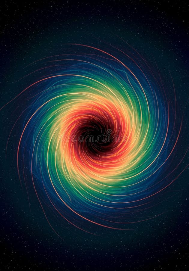 A vibrant, swirling vortex with a black center surrounded by twisting bands of color royalty free illustration