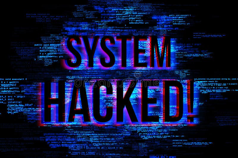 Vibrant \'SYSTEM HACKED\' alert over a backdrop of code and digital noise. Cybersecurity breach concept. royalty free illustration
