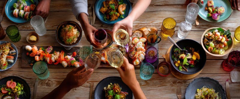 The vibrant table set with an array of sushi and drinks for celebration.. image stock photos.