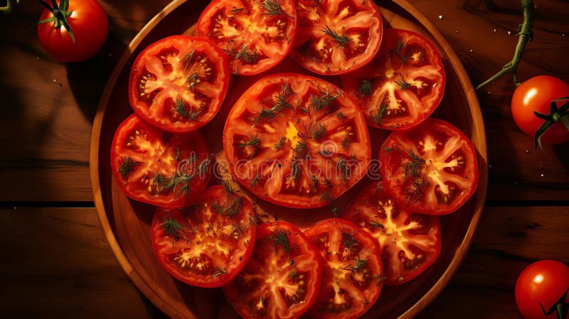 Vibrant Tomato Slices On Rustic Wooden Table Setting royalty free illustration