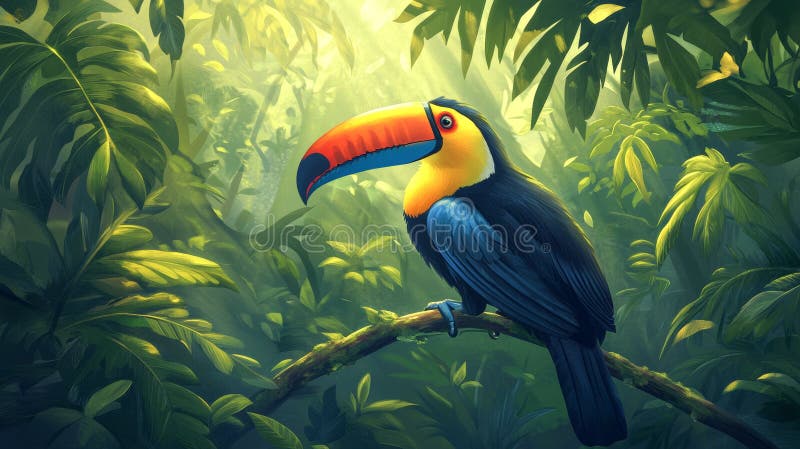 Vibrant Toucan med färgfull blek utförd på grenen i Lush Jungle-inställningen. Begreppet vildlevande, livsmiljöns tropiska natur fotografering för bildbyråer