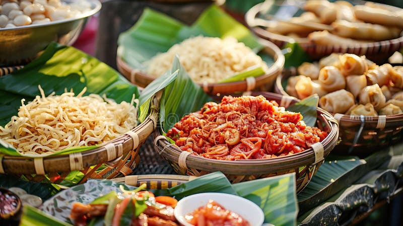 Vibrant Traditional Asian Street Food in Market Display Stock