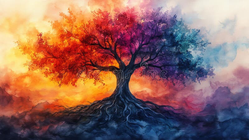 Vibrant Tree of Life with Colorful Leaf Generative AI royalty free illustration