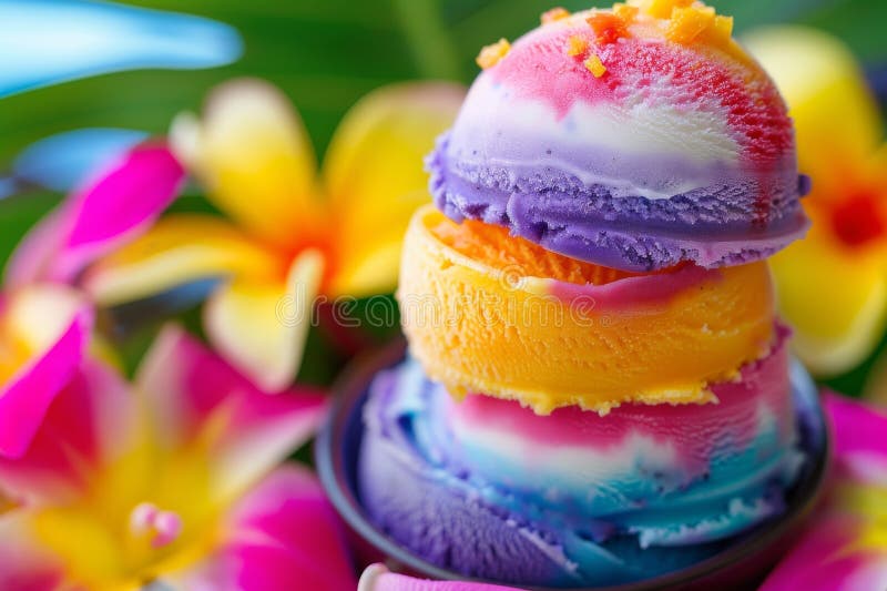 Vibrant Triple-layer Ice Cream Scoop Amidst Tropical Flowers stock photos