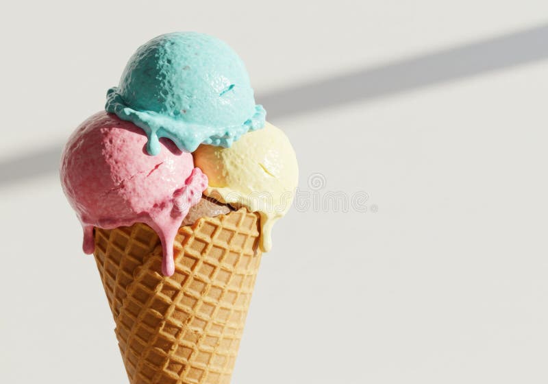 Vibrant triple scoop ice cream cone with pastel colors and waffle cone detail royalty free stock images