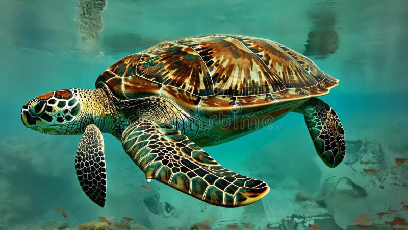 In vibrant turquoise waters, a green sea turtle glides smoothly, showcasing its intricate shell patterns and tranquil movement vector illustration
