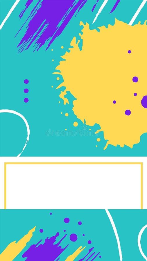 Vibrant turquoise, yellow, and purple brush strokes and splatters create a dynamic abstract design with a central white vector illustration
