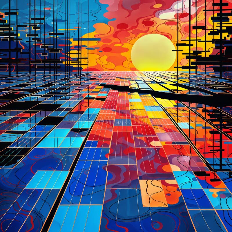 Vibrant Twilight: Abstract Art with Sunset Grid Pattern, generative ai royalty free illustration